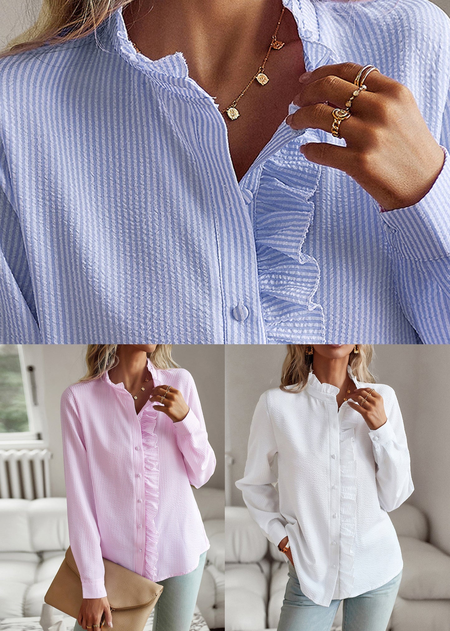 Blue Solid Shirt Ruffled Patchwork Puff Sleeve