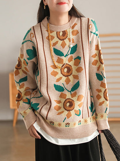 Women Floral Knitted O Neck Long Sleeve Sweater