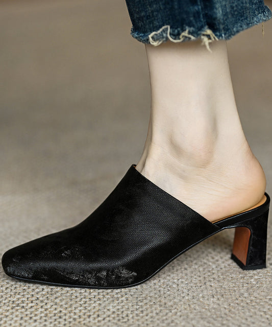 French Brown Satin Cowhide Leather Chunky Heel Slide Sandals