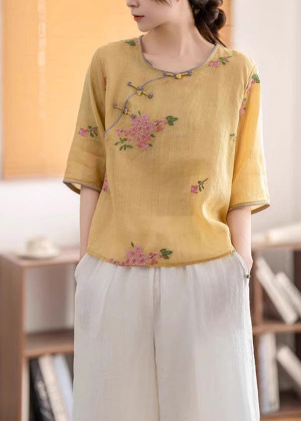 Vintage Yellow O Neck Oriental Button Linen Shirt Summer