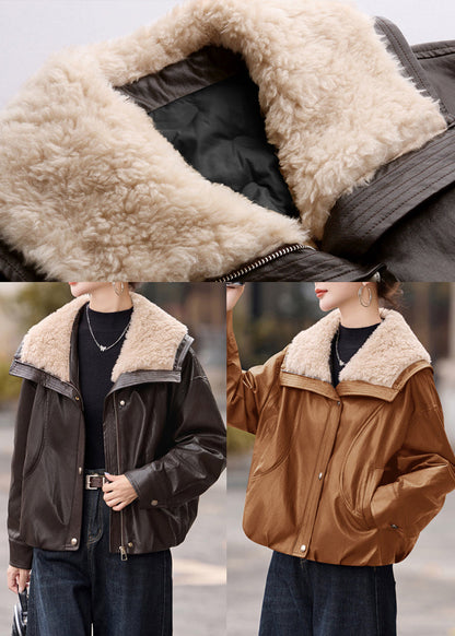 Plus Size Chocolate Fur Collar Oversized Duck Down Faux Leather Coats Winter
