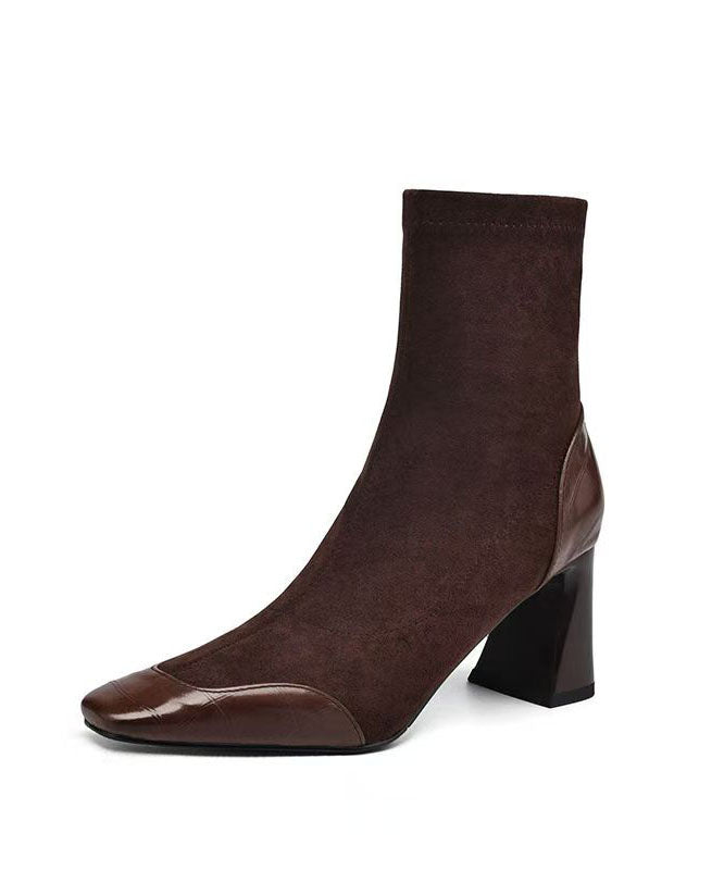 Elegant Brown Splicing Suede Chunky Heel Boots