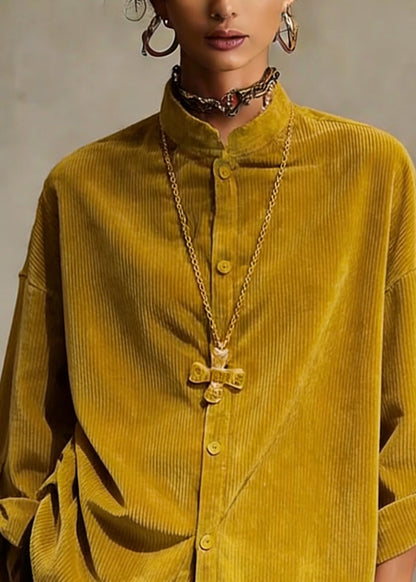 Simple Yellow Stand Collar Button Solid Shirts Spring