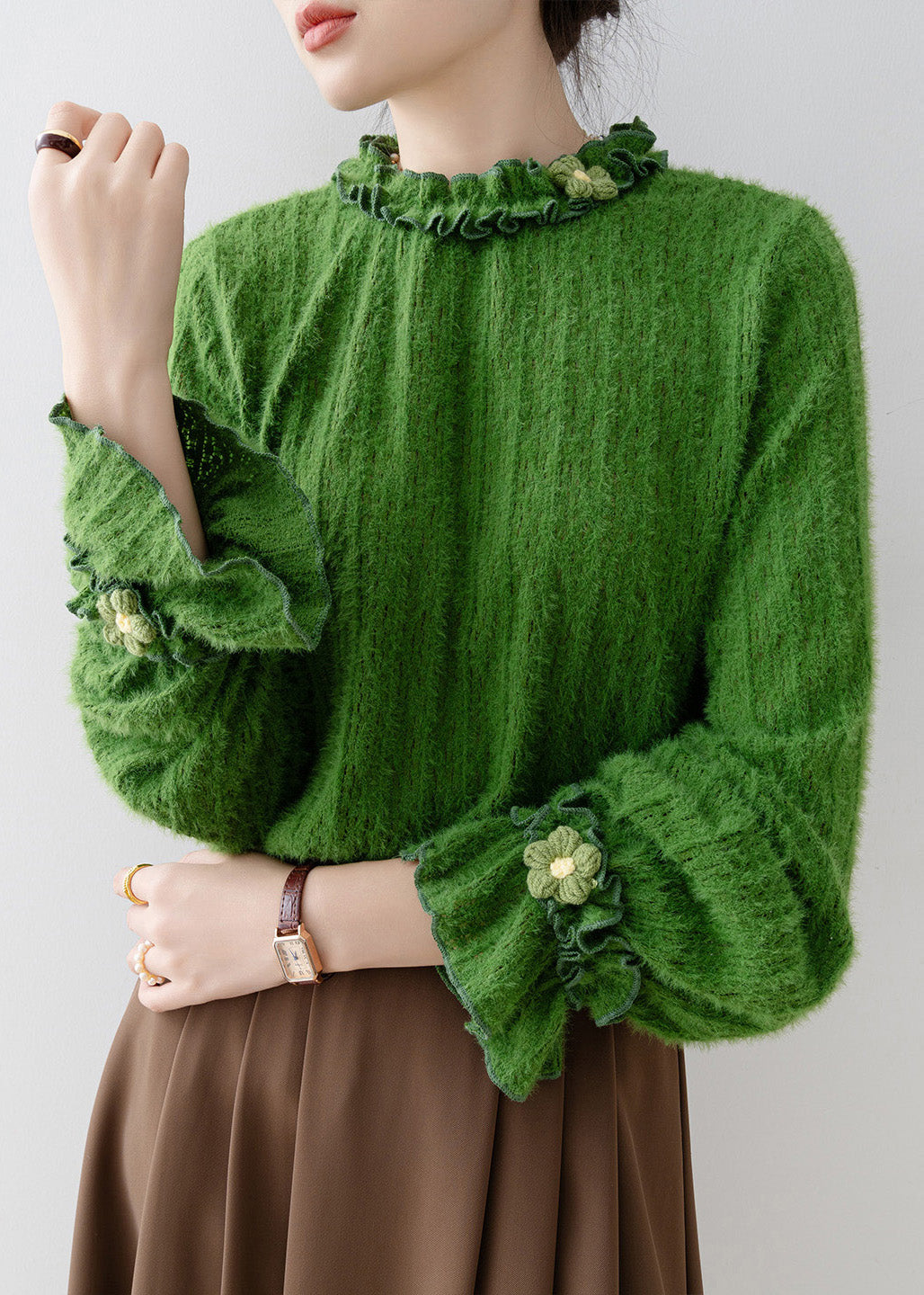 Unique Tea Green Ruffled Floral Knit Top Flare Sleeve