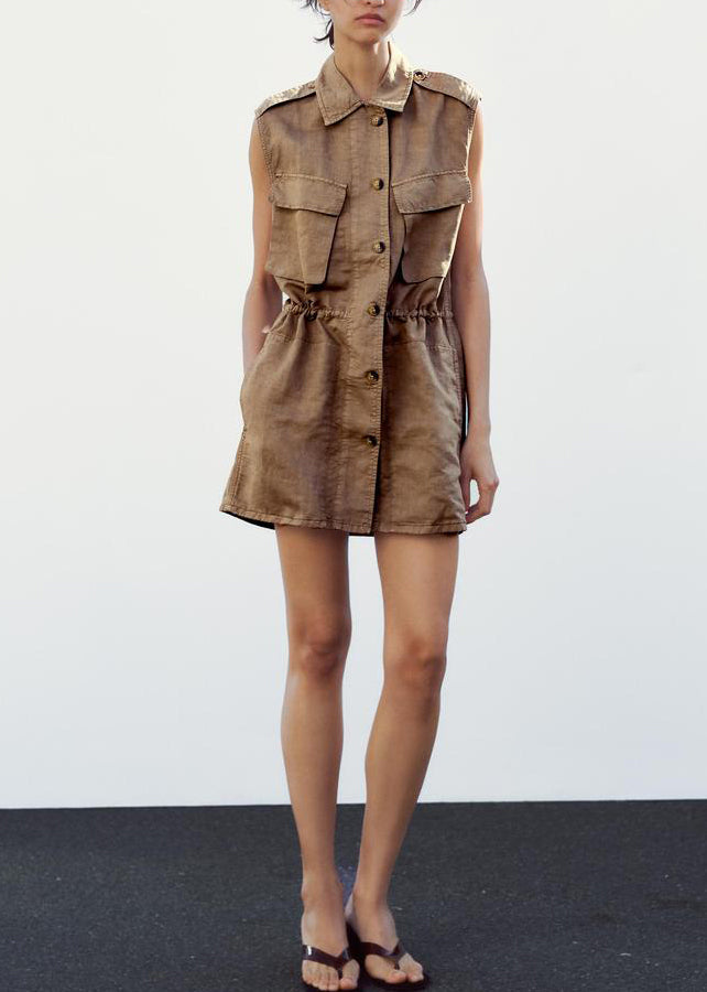Vintage Tan Peter Pan Collar Button Cotton Mid Dress Sleeveless