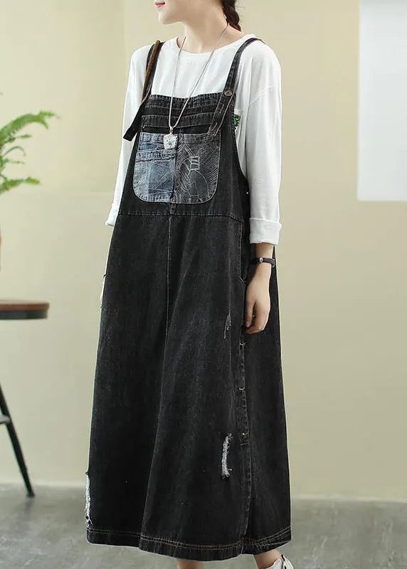 Unique Slash neck Hole Long dress Sewing denim black Plus Size Dress