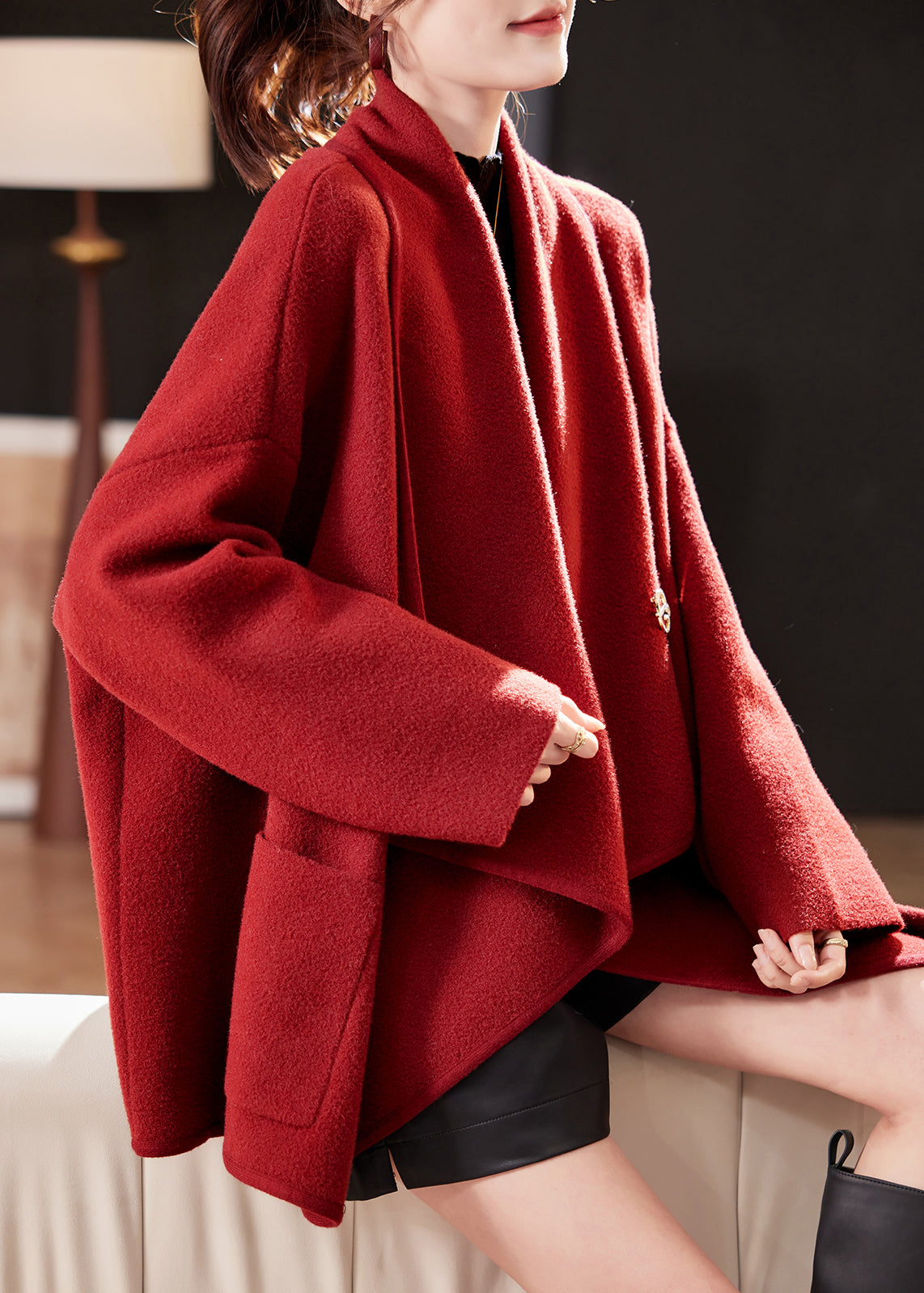 Chic Red Peter Pan Collar Pockets Woolen Cardigans Coat Spring