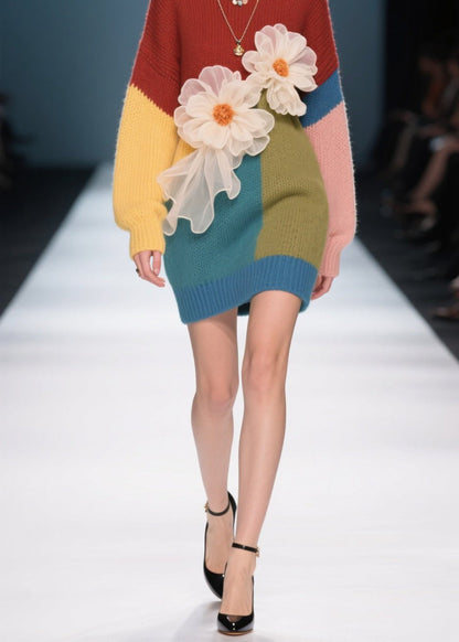 French Colorblock O Neck Floral Knit Sweater Dress Fall