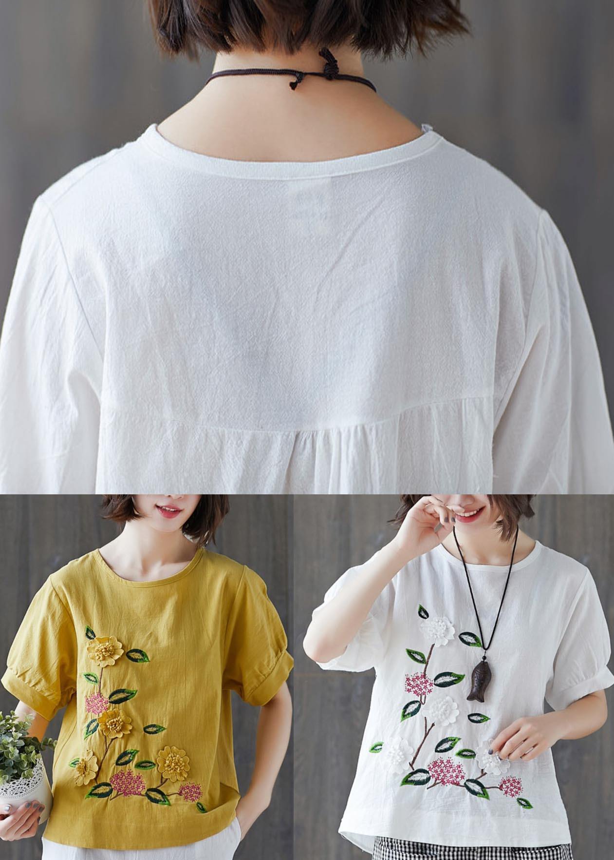 Loose White Embroideried Floral Cotton Linen Tees Summer