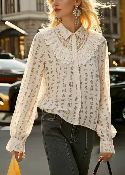 Casual Beige Print Patchwork Lace Hollow Out Shirts Spring