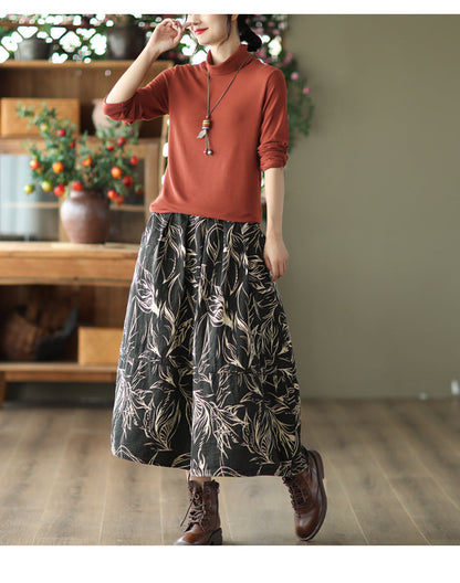 Vintage Printed Cotton And Linen Slim Elastic Waist A-Line Skirt