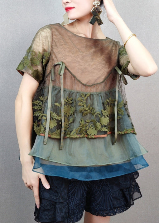 Stylish Green Embroidered Patchwork Tulle T Shirts Summer