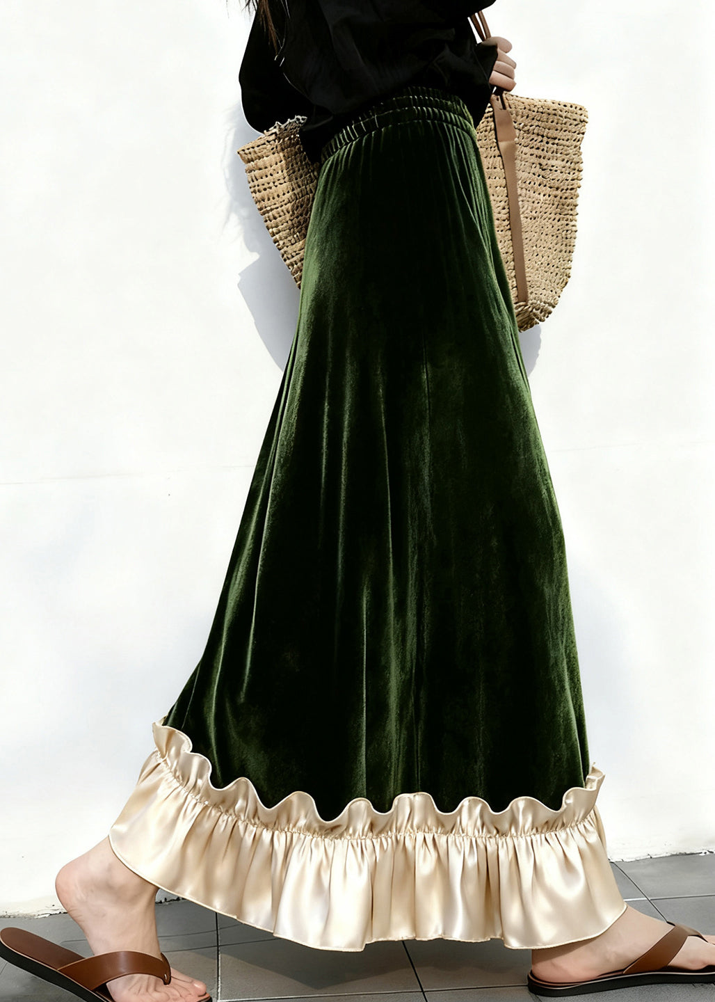 Elegant Ruffled Elastic Waist Patchwork Velour Skirt Winter