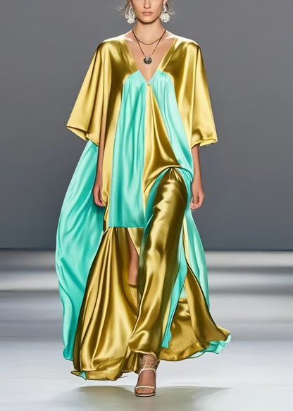 Plus Size Grass Green Asymmetrical Patchwork Silk Maxi Dresses Summer