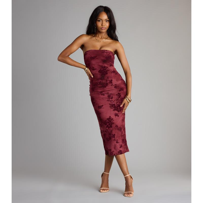Seductive Strapless Floral Velvet Midi Bodycon Dress