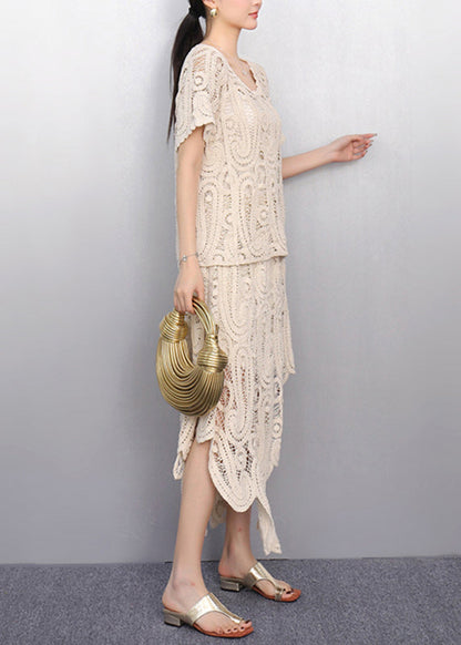 Women Beige O-Neck Lace T Shirt And Maxi Skirts Two Piece Set Short Sleeve