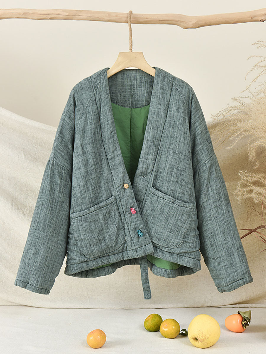 Women Winter Artsy Worn Solid Button Pocket Linen Coat