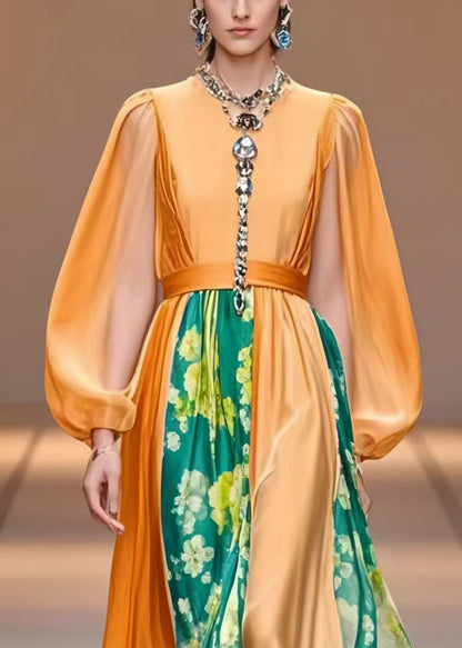 Women Orange Cinched Patchwork Silk Party Dress Lantern Sleeve