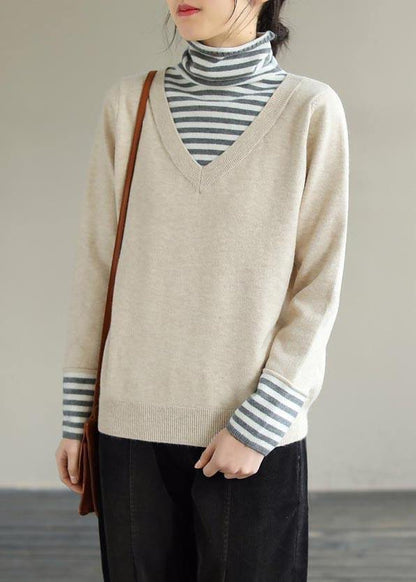Comfy Beige Blouse Patchwork High Neck Plus Size  Knitted Blouse