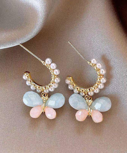 Cute Rainbow Alloy Pearl Butterfly Hoop Earrings