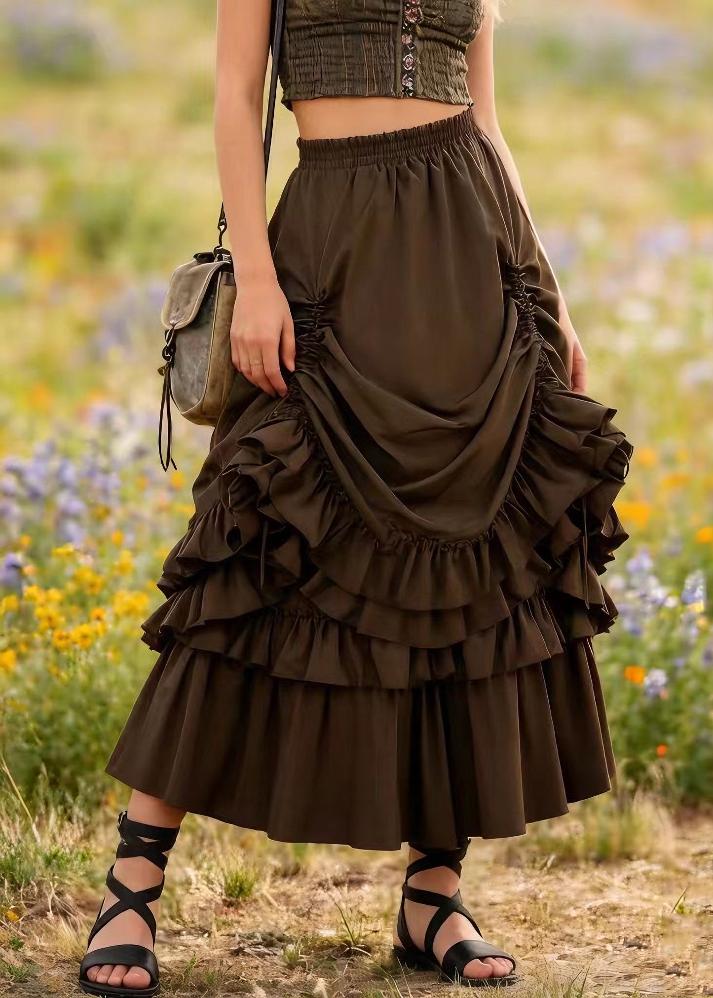 Plus Size Brown Drawstring Ruffled Patchwork Cotton Skirt Spring
