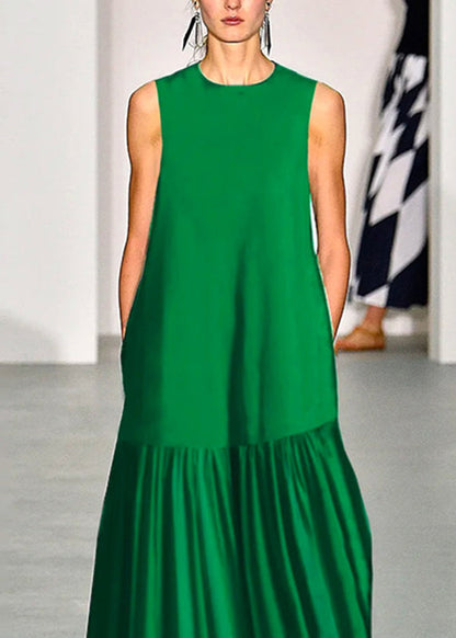 Simple Green O-Neck Patchwork Maxi Dresses Sleeveless