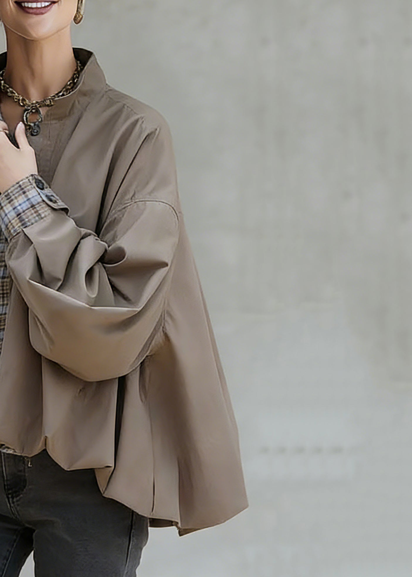 Casual Khaki Stand Collar Pockets Patchwork Low High Design Coat Spring