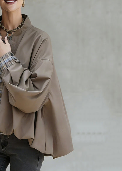 Casual Khaki Stand Collar Pockets Patchwork Low High Design Coat Spring