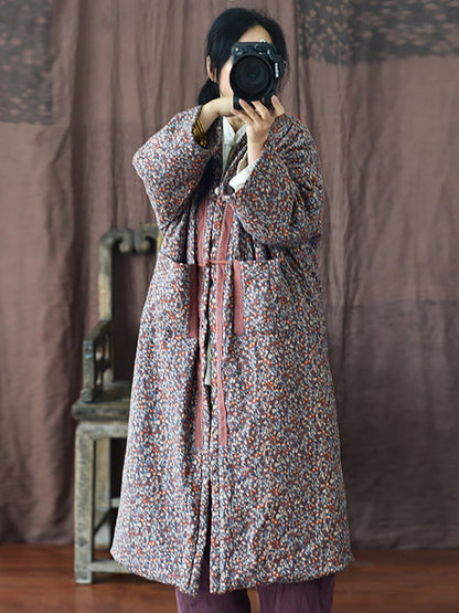 Women Vintage Winter Warm Floral Pocket Print Coat