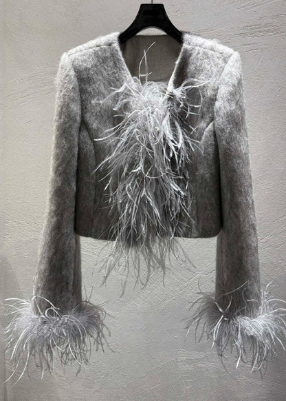 Fashion Grey Feather Patchwork Wool Coats Winter