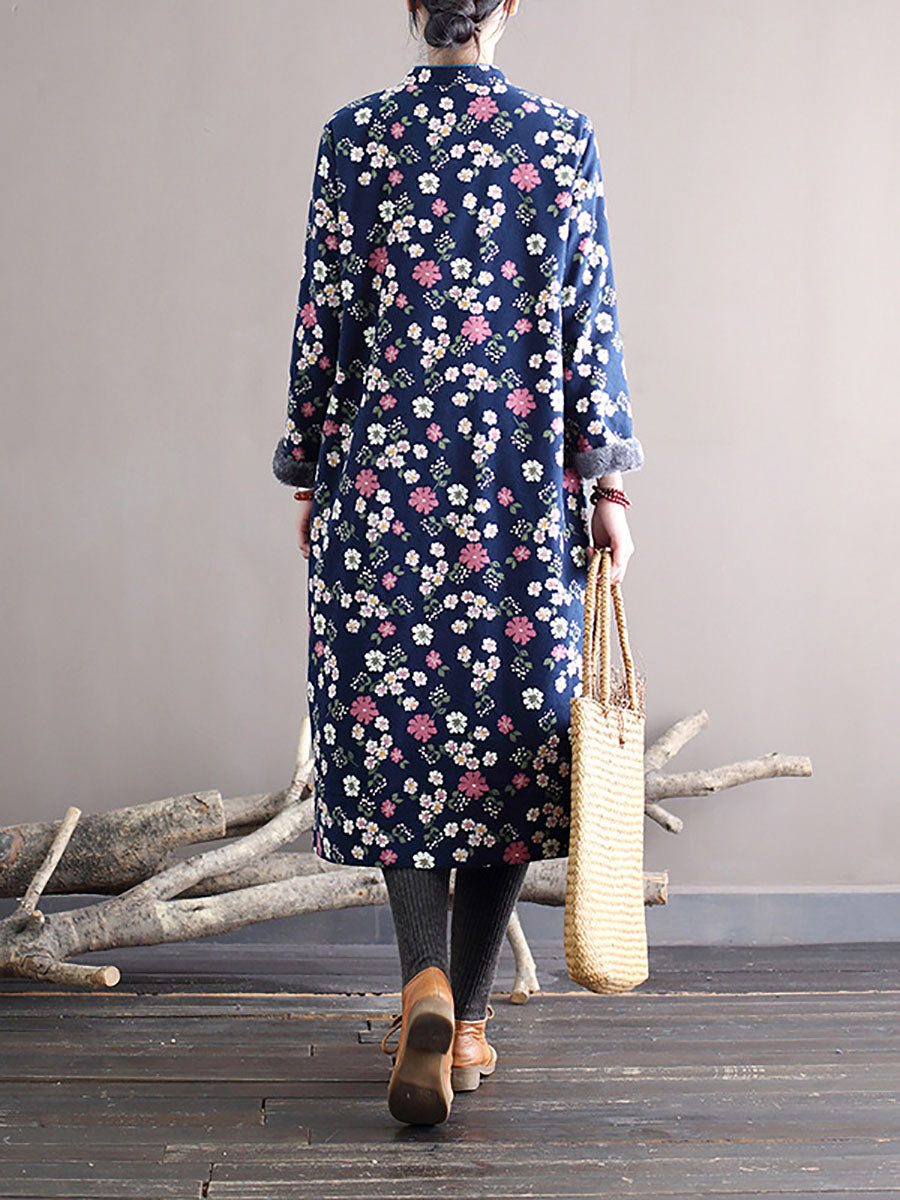 Women Winter Chinese Style Floral Print Frog Thick Dress