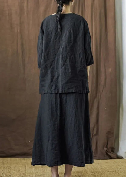 New Black Button Tops And Skirts Linen Two Piece Set Bracelet Sleeve