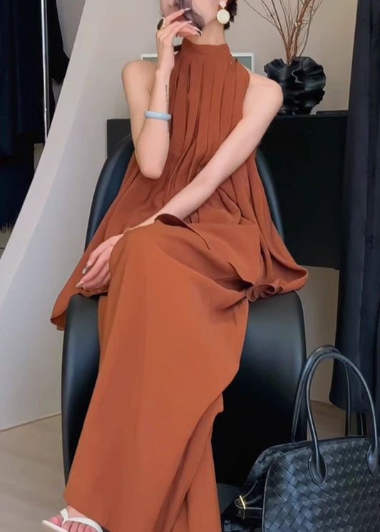 Stylish Caramel Stand Collar Wrinkled Chiffon Two Pieces Set Summer