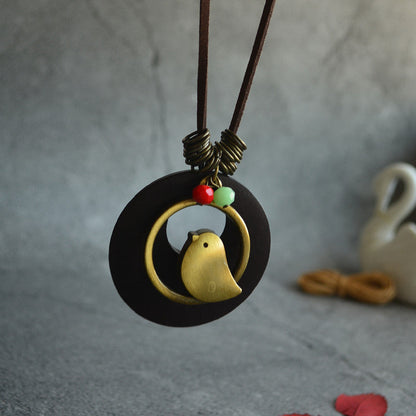 Wood Chip Bird Pendant Long Necklace