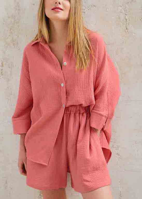 Art Solid Color Oversized Cotton Shirts And Shorts Two Pieces Set Long Sleeve