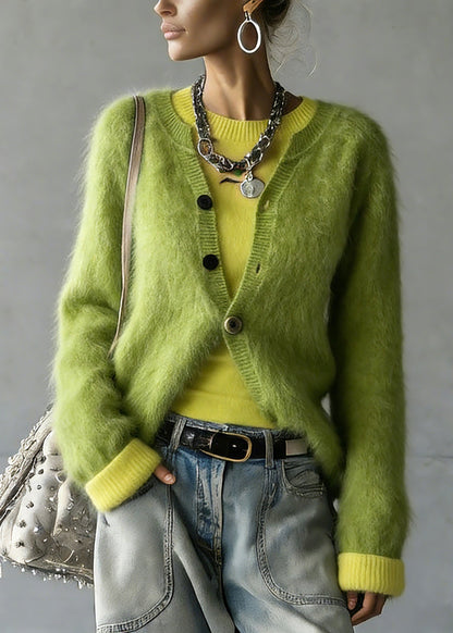 Cute Green V Neck Cotton Knit Cardigan And Top Two Pieces Set Spring