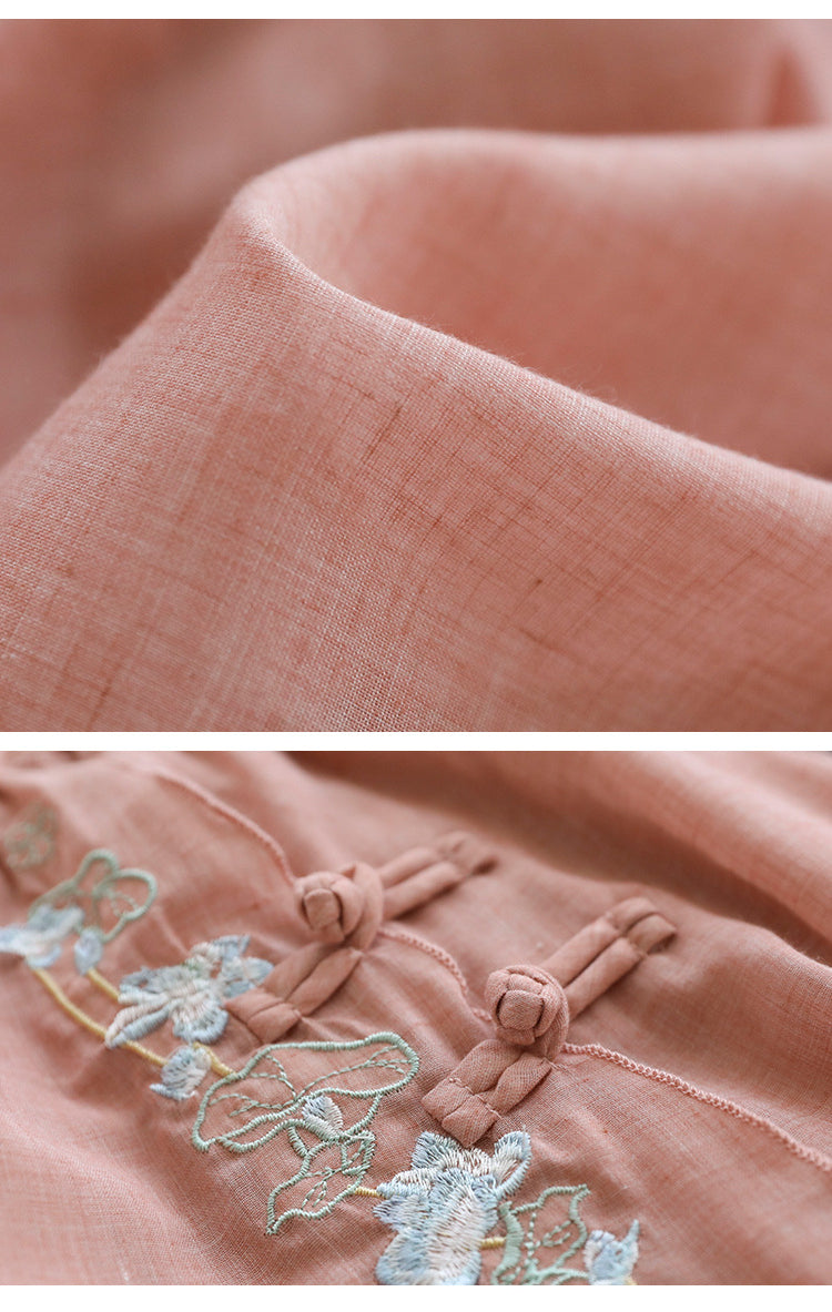 Vintage Double Cotton Linen Embroidered Buckle A-Line Skirt