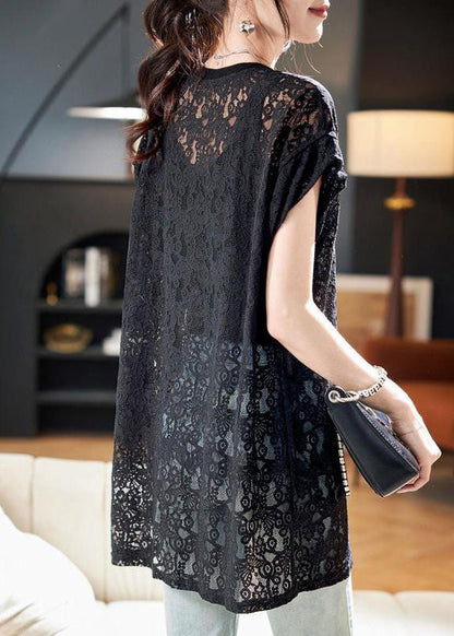 Women Black O Neck Hollow Out Lace Top Summer