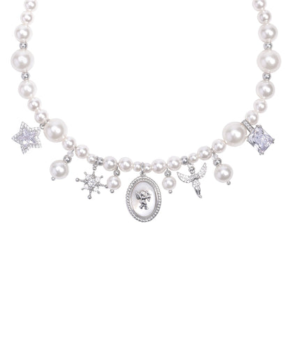 Stylish Pearl Angel Zircon Silver Plated Pendant Choker
