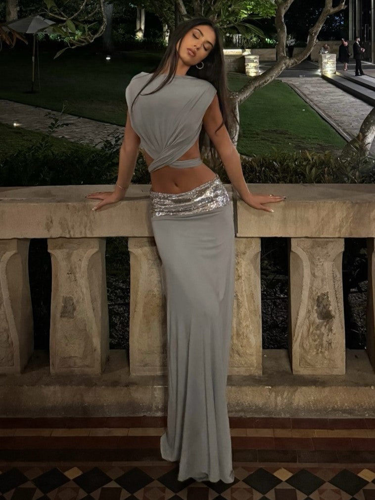 Back Crop Top & Sequin Waist Maxi Skirt Two-Piece Set