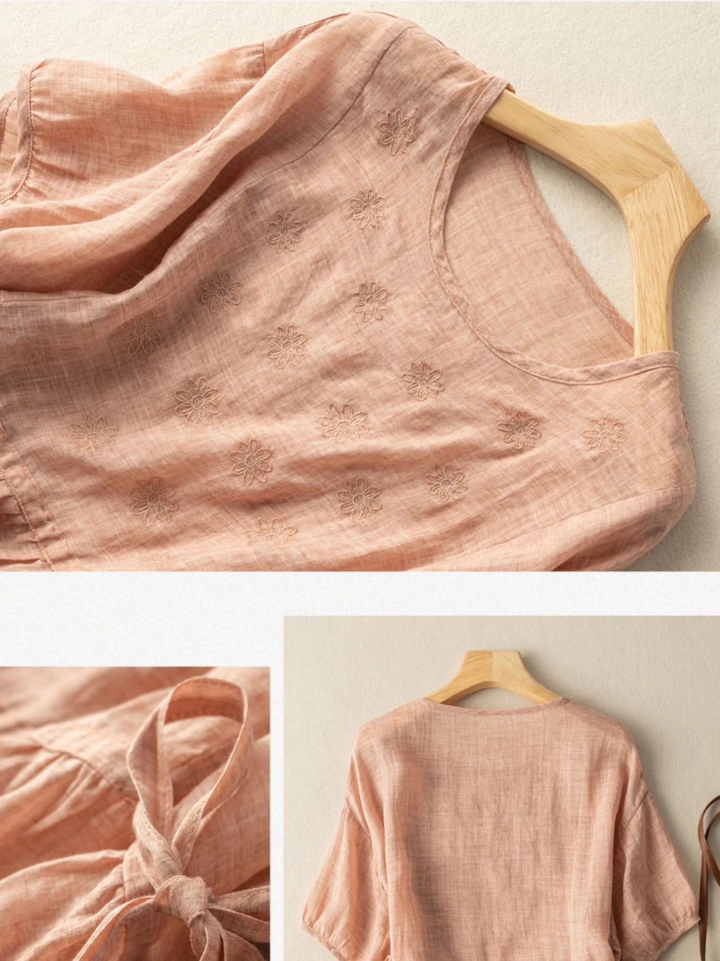 Embroidered Crew Neck Half Sleeve Casual Linen Top