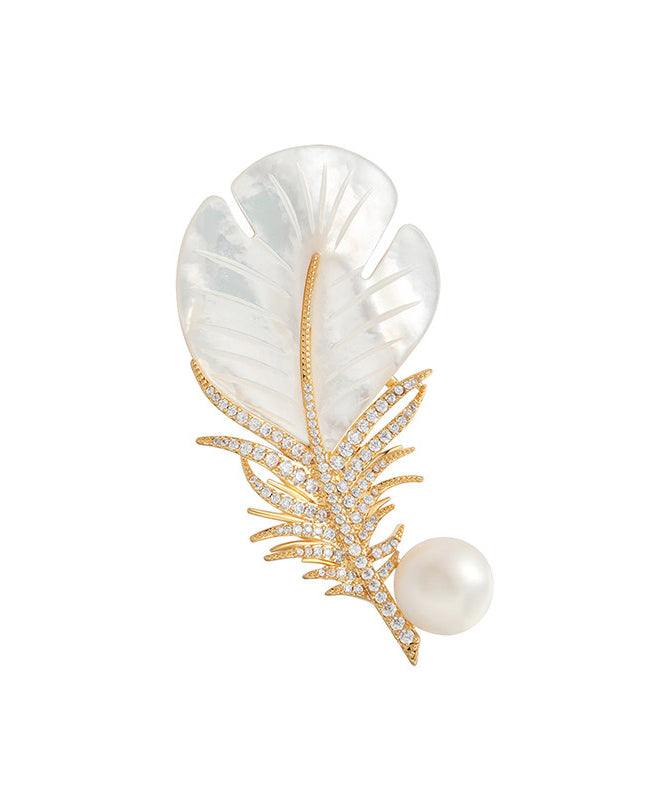 Modern Golden Feather Shape Pearl Fine Zircon Women Brooch