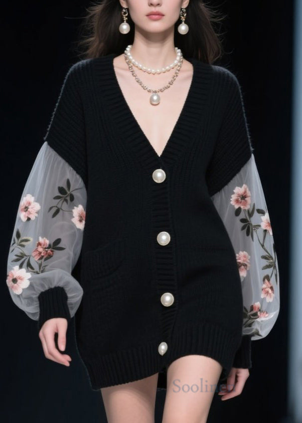 Style Black Button Tulle Floral Patchwork Knit Cardigan Fall