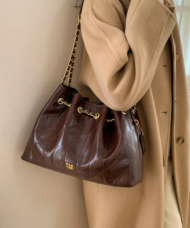 Chic Chocolate Plaid Large Capacity Faux Leather Flap Bag