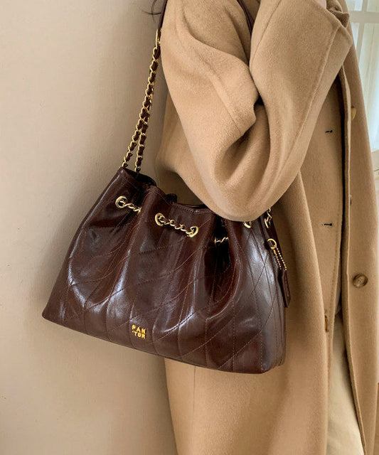 Chic Chocolate Plaid Large Capacity Faux Leather Flap Bag
