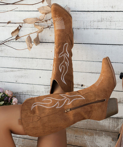 Vintage Brown Pointed Toe Zippered Splicing Suede Middle Boots