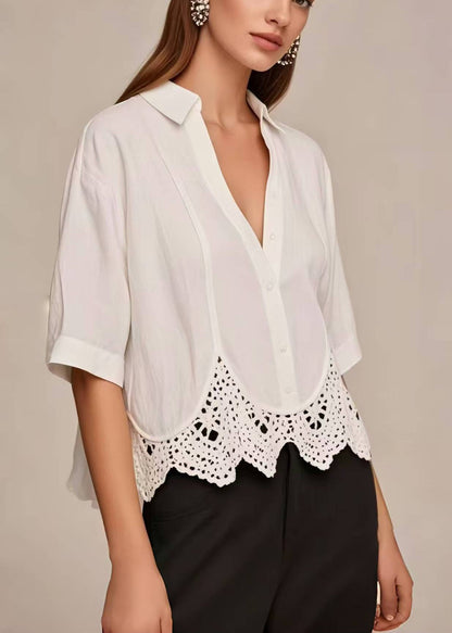 Casual White V Neck Patchwork Lace Short Shirt Summer
