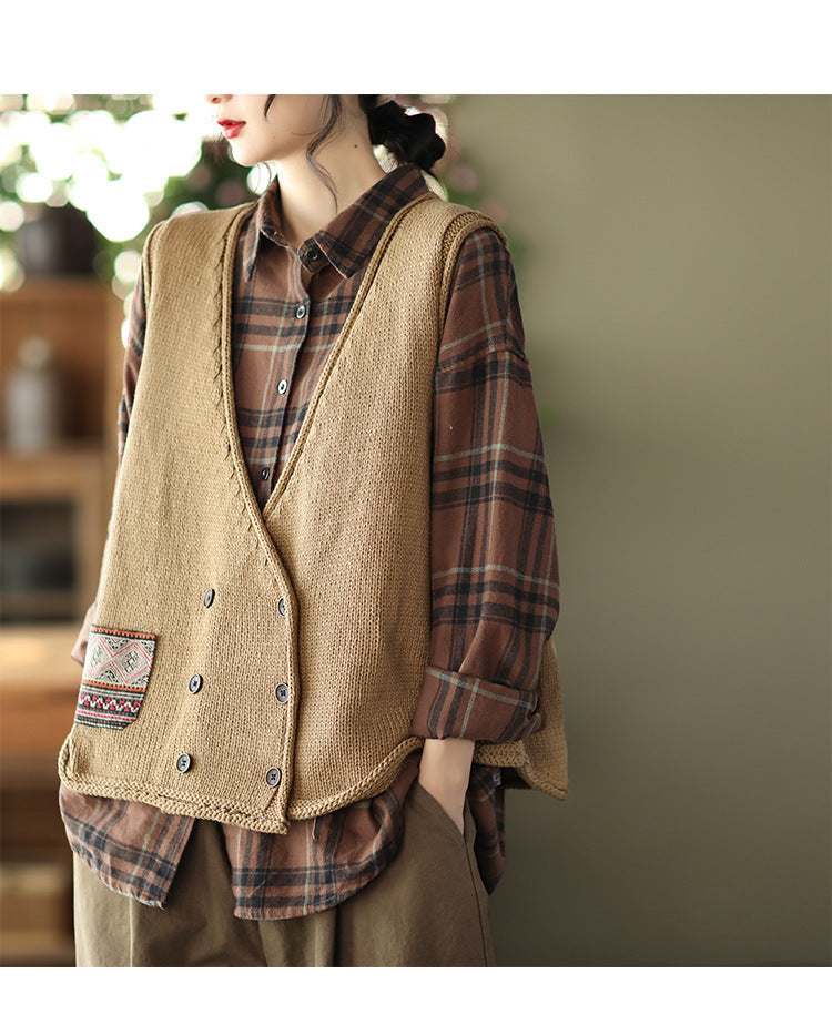 Vintage Knit Loose Double-Breasted Patch Vest