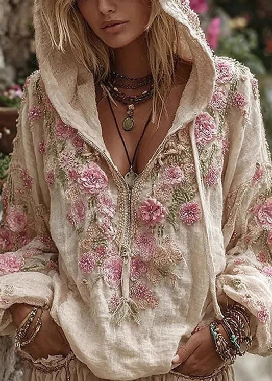 Bohemian Apricot Hooded Print Cotton Sweatshirt Spring