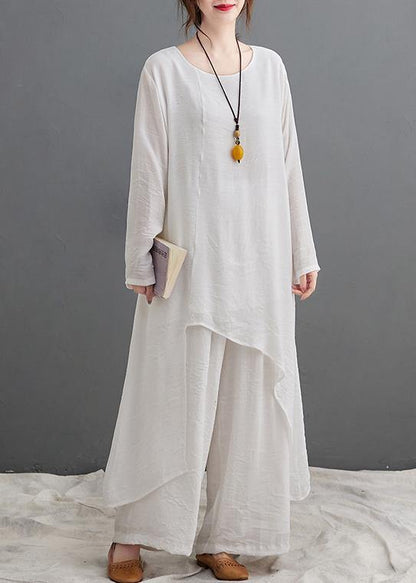 Large Size Loose Art Long White Top Casual Wide Leg Pants Two Piece Suit For Women
